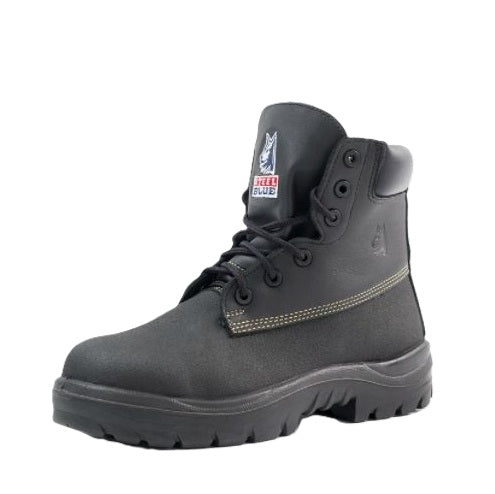 Black boot with a brand logo on a white background