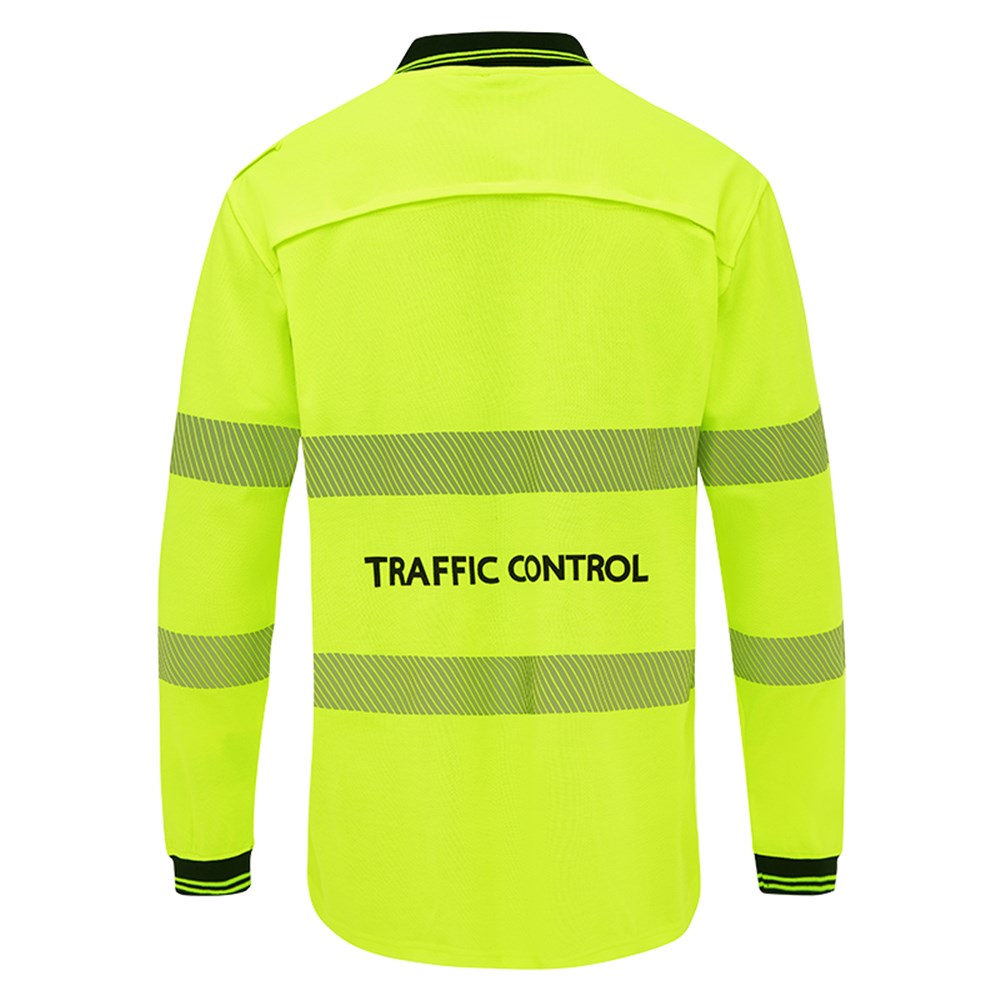 5004TCY WORKIT Hi-vis Yellow Traffic control Long sleeve polo with reflective tape - back view