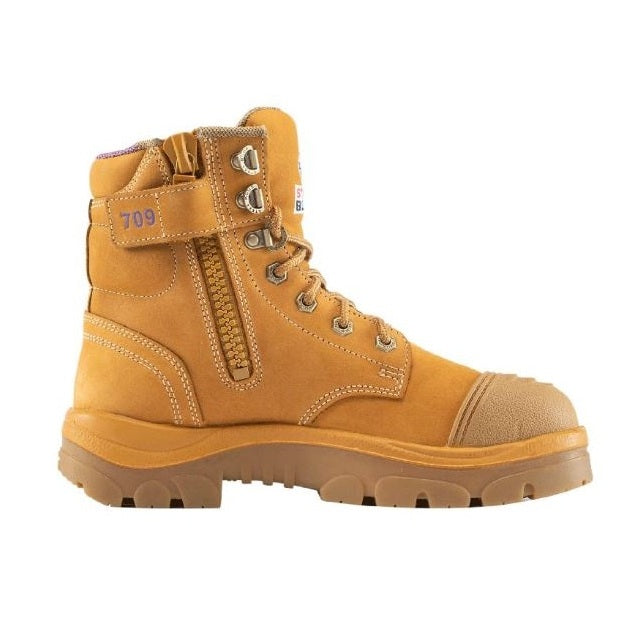 Steel blue 512709 wheat coloured, lace-up safety boots with a side zipper and a steel toe cap, designed for women.