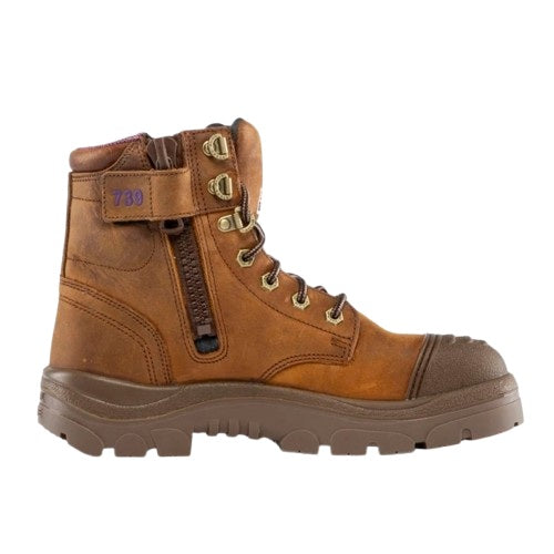 A brown Steel Blue ladies safety boot with a side zipper and a scuff cap on a white background.