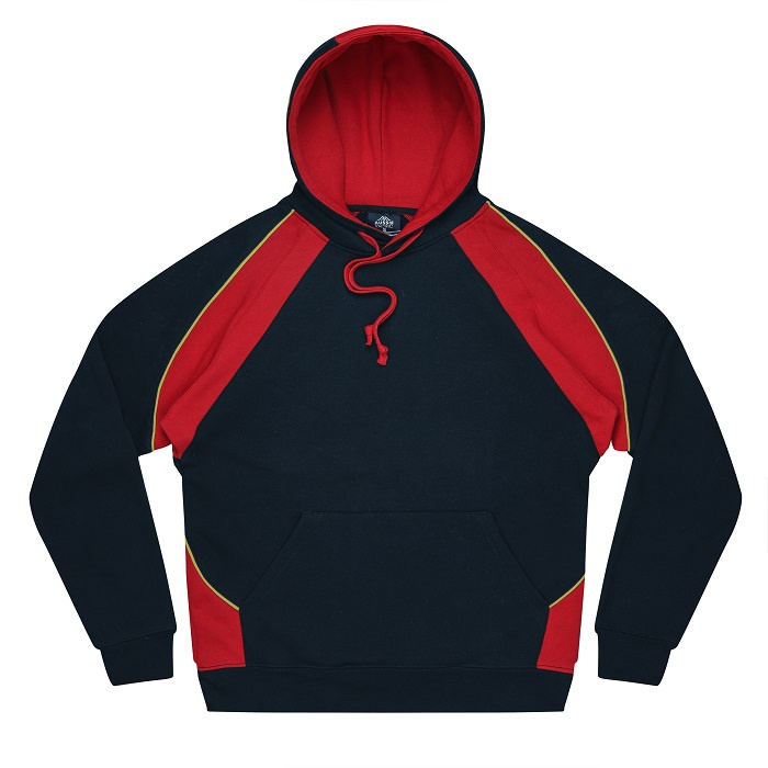 Navy, red and gold piping, Aussie Pacific N3509 Huxley Kids Hoodies, front pocket, warm inner fleece, front view