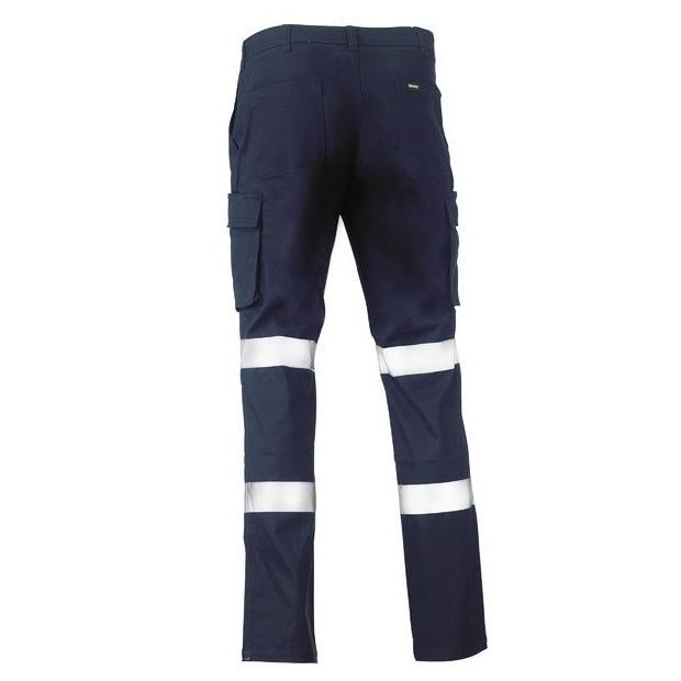 Navy work pants with reflective stripes on a white background