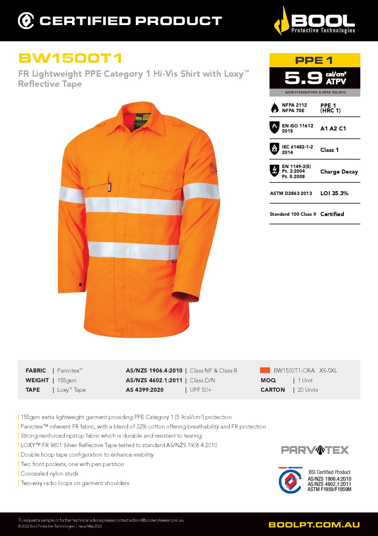Bool BW1500T1 Lightweight PPE1 FR Shirt with Loxy™ FR Reflective Tape