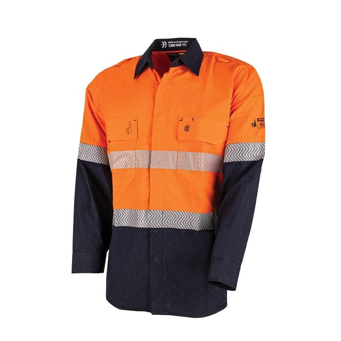 Bool BW2505T1 Lightweight PPE1 Two Tone FR Shirt With Segmented FR Reflective Tape - Orange/Navy - Front View
