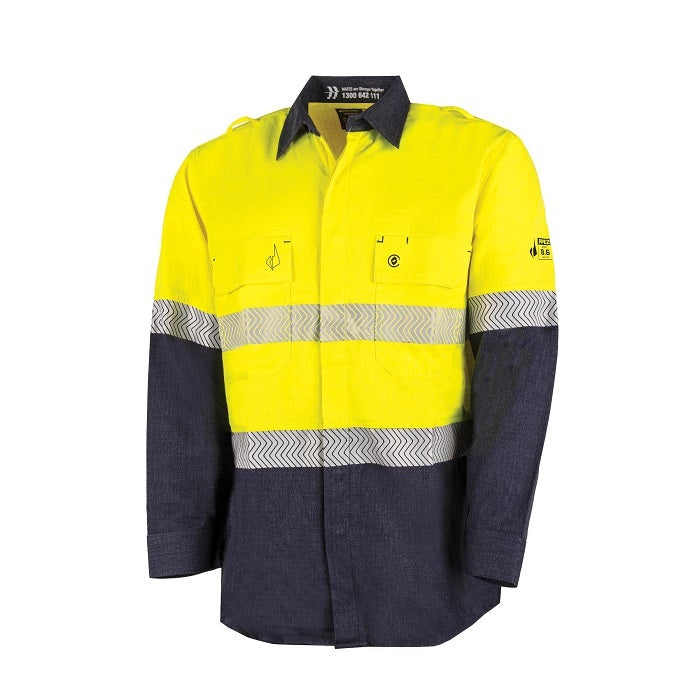 Bool BW2595T1 Regular Weight PPE2 Two Tone FR Shirt With Segmented FR Reflective Tape - Yellow/Navy - Front View