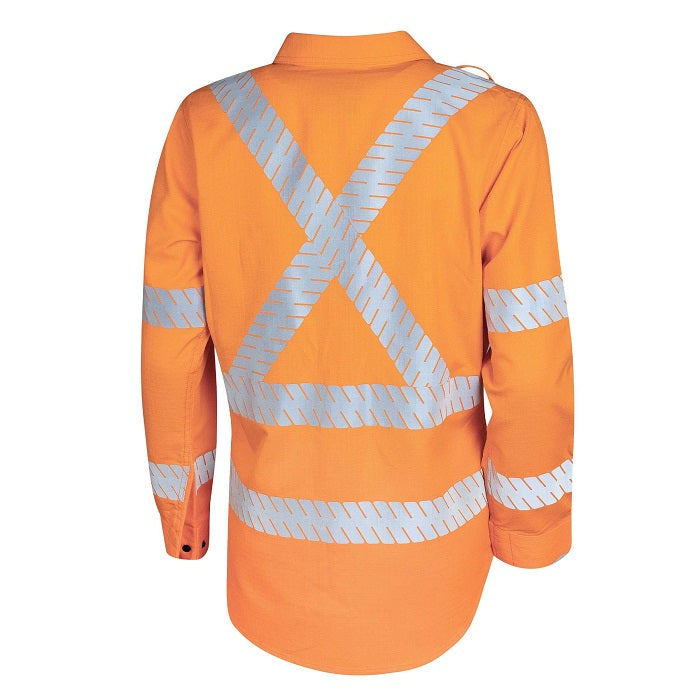 Orange safety shirt with reflective cross pattern on a white background