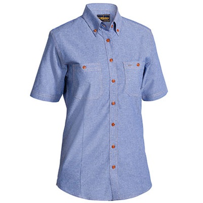 Blue, button down, premium fabric, panelling for shaping, flattering, Bisley B71407L Womens Chambray Short Sleeve Shirt, front view