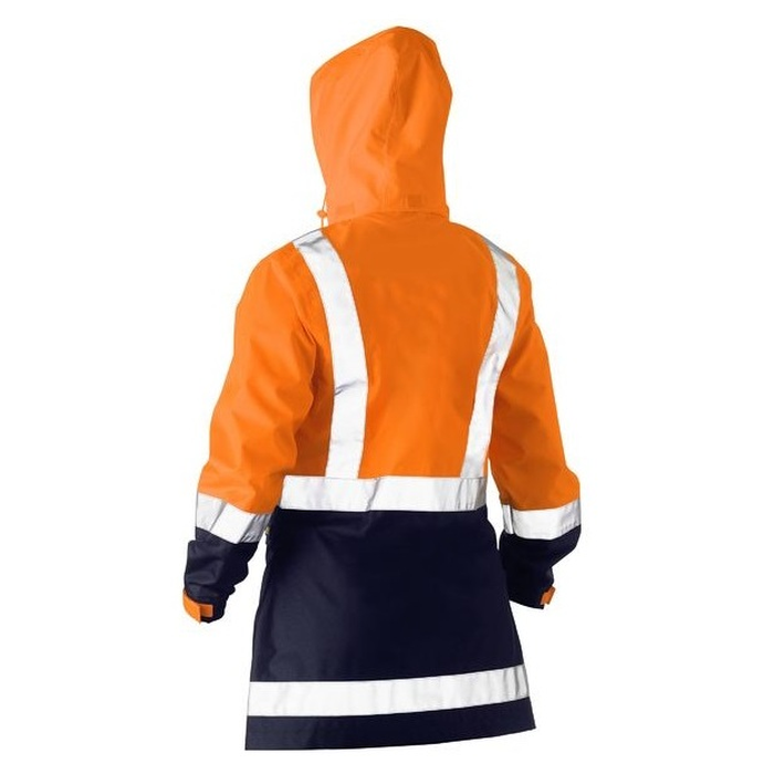 Bisley BJL6766T Womens Taped Hivis Recycled Rain Shell Jacket orange/navy, hooded rear view