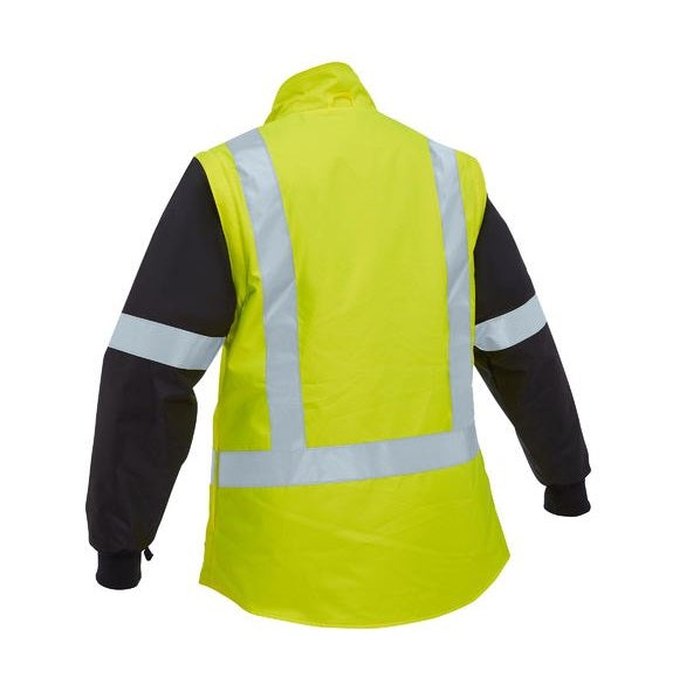 Bisley BKL6975 Womens Taped Hi Vis 5 In 1 Rain Jacket, yellow/navy, rear view
