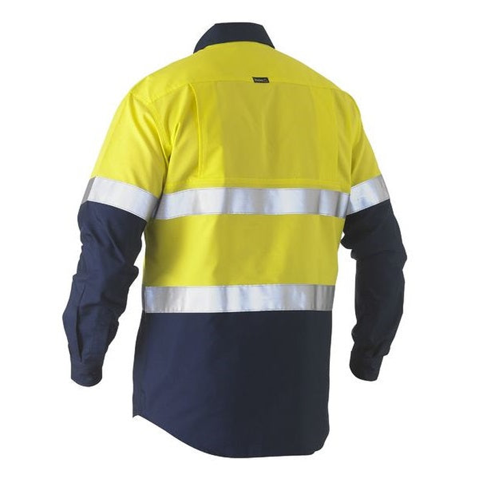 Bisley BS6996T Taped 2-Tone HiVs Recycled Drill Shirt, yellow/navy, rear view