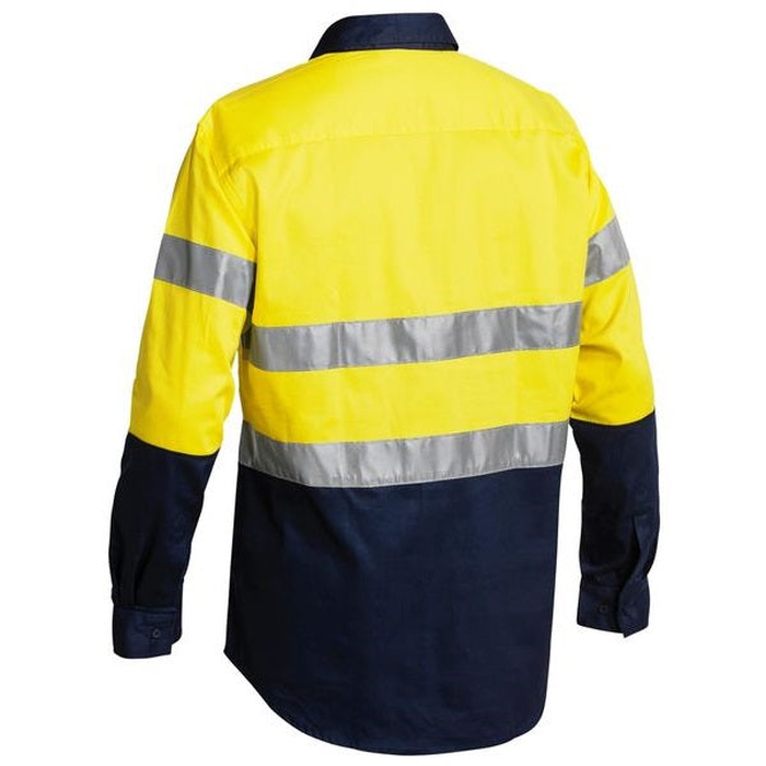 Bisley BTC6456 2-Tone Closed Front HiVis Drill 3M Reflective Tape Long Sleeve Shirt, yellow/navy, rear view