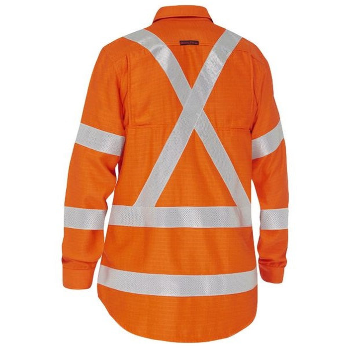 Nsw rail, cross back, orange, Bisley BL8439XT Apex 185 Womens X Taped HiVis Ripstop FR Vented Shirt, rear view