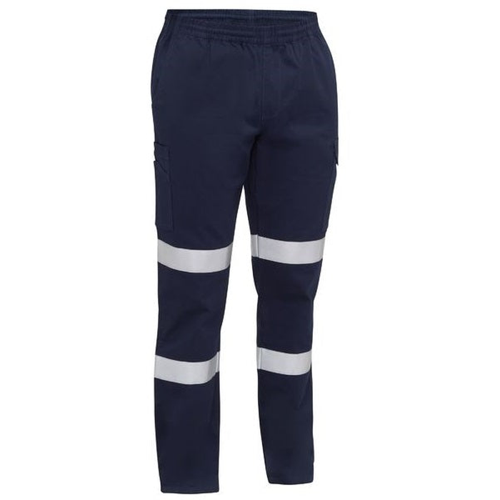 Navy blue, flame resistant, front view, Bisley BPC6029T Taped Biomotion Stretch Cotton Drill Elastic Waist Cargo Work Pants