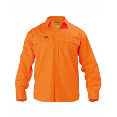 High visability orange, two chest pockets, premium preshrunk drill, Bisley BS6339 HiVis Mens Drill Long Sleeve Shirt, front view