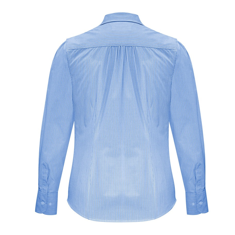 womens long sleeve light blue and white fine striped peaked shoulders gathered back flattering professional corporate and dress shirt.
