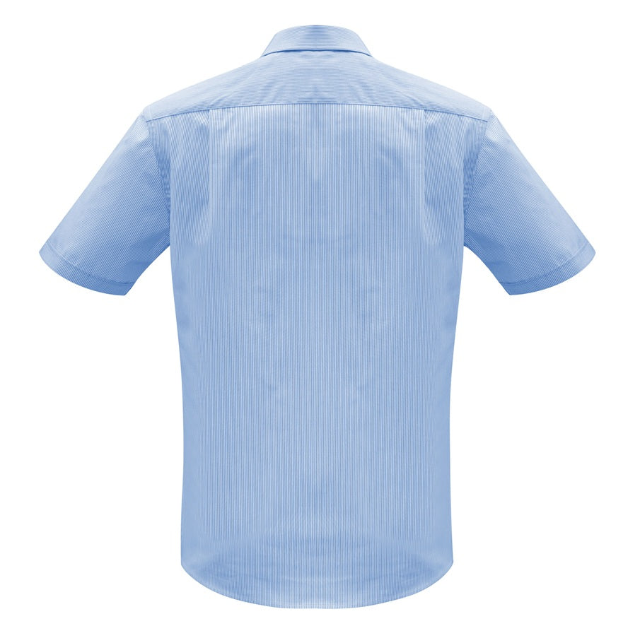 Mens light blue and white short sleeve fine striped shirt Modern fit curved hem back pleats for comfort men's short sleeve business shirt, corporate work shirt, office shirt, hospitality uniform, retail uniform, business uniform, striped work shirt, easy care business shirt, professional workwear anti wrinkle