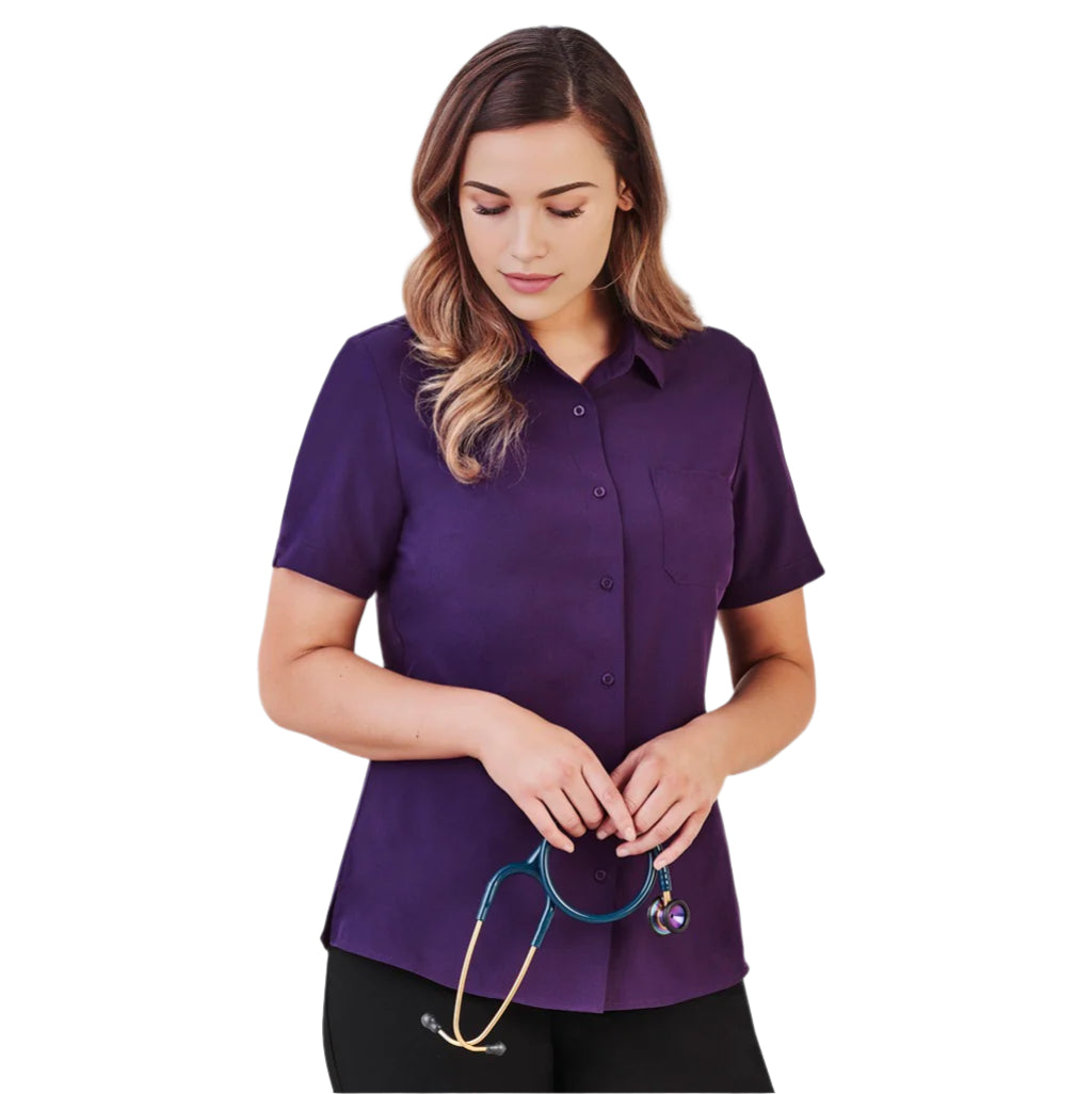 Inaura CS947LS Ladies Plain Short Sleeve Shirt - Purple - Front View