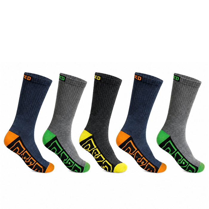 Mens Five pairs of crew socks, lack with yellow and orange accents, navy with orange and green accents, and gray with green and orange accents. FXD SK-1 5-Pack Long Work Socks, 5 pack view