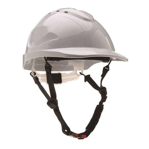 White safety helmet with a black chin strap on a white background