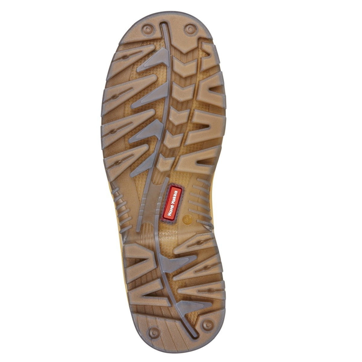 Close-up of a brown shoe sole with brand logo on a white background