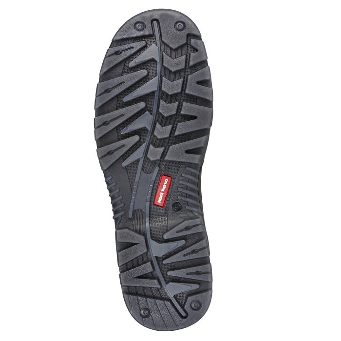 Black sole of a shoe with a red label on a white background