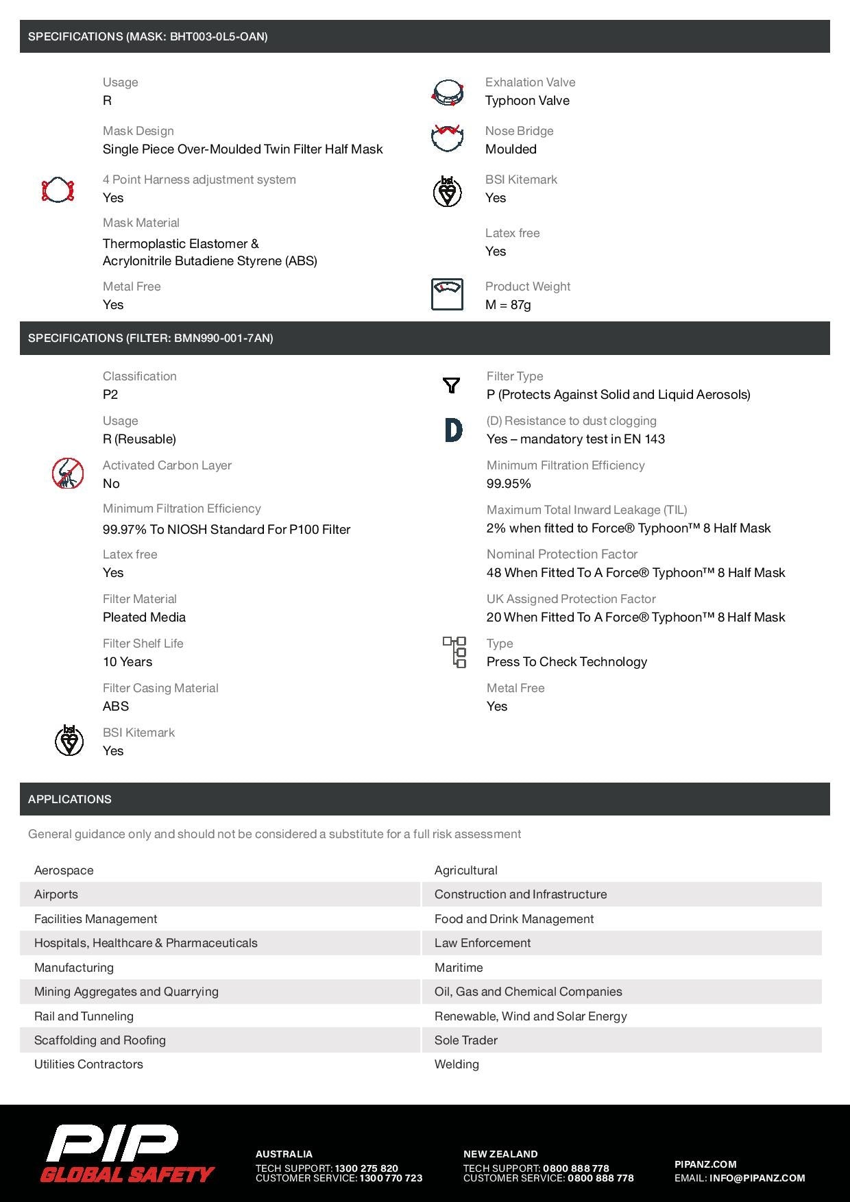 PIP Force BHT0B3-0L5-UAN Typhoon 8 Half Mask Respirator Spray Painters Kit With A2P2 Filters