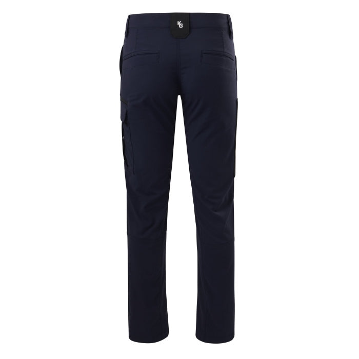 Navy blue pants with a brand logo on a white background