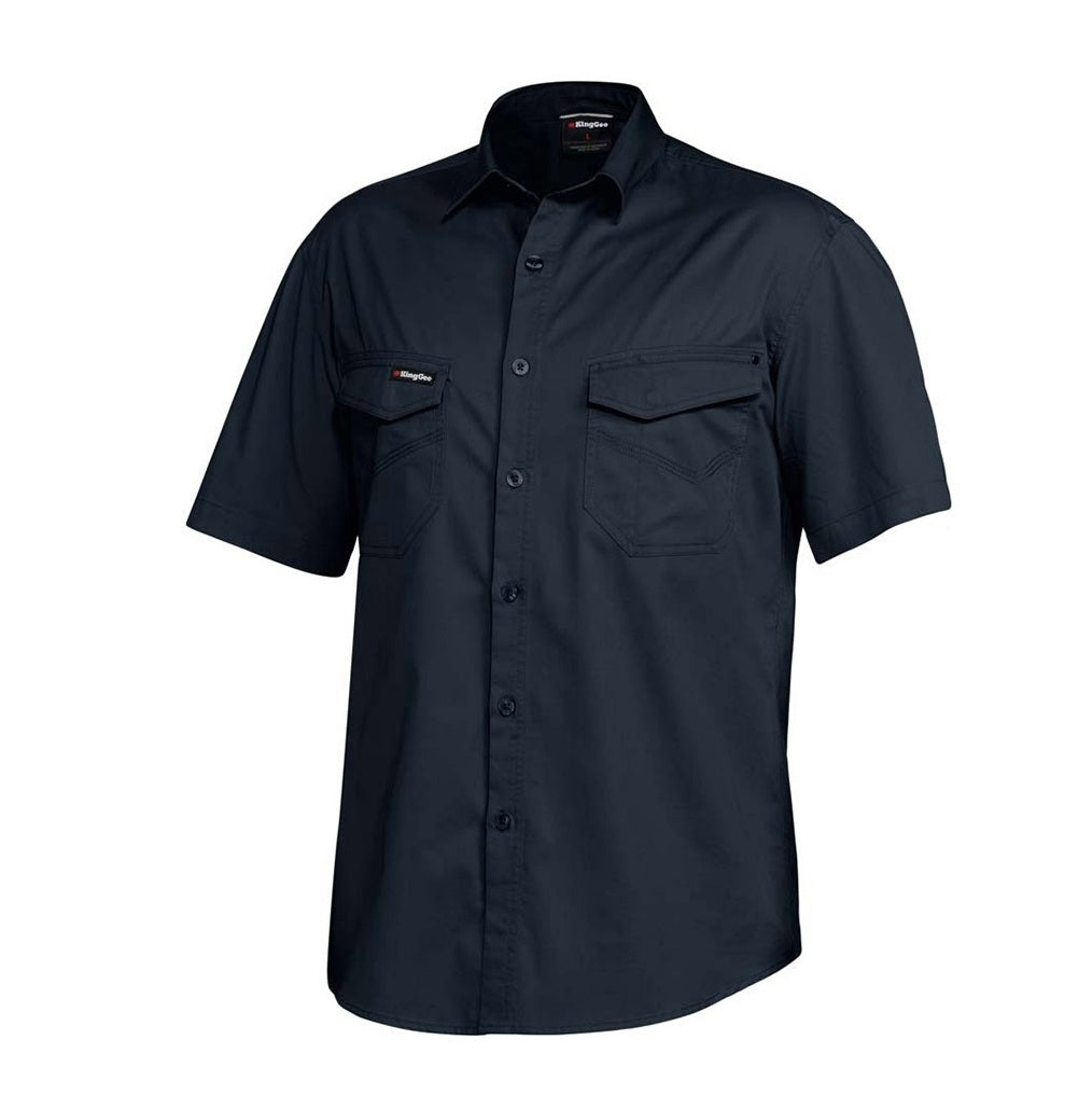 Navy short-sleeve shirt with two front pockets on a white background