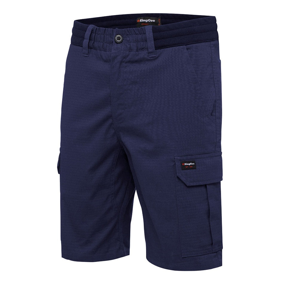 Navy blue cargo shorts with a visible brand logo on a white background
