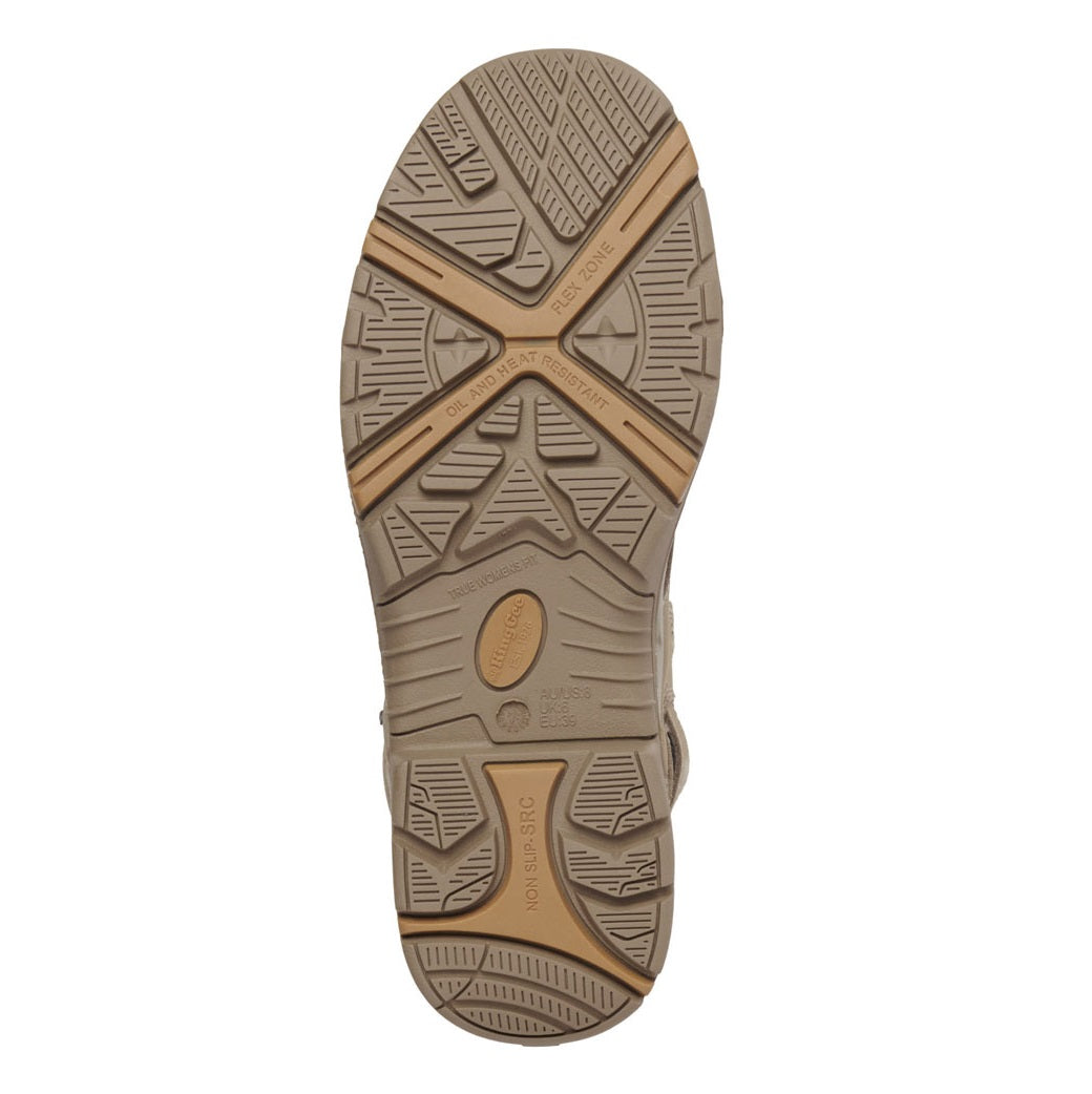 Close-up of a brown shoe sole with tread pattern on a white background