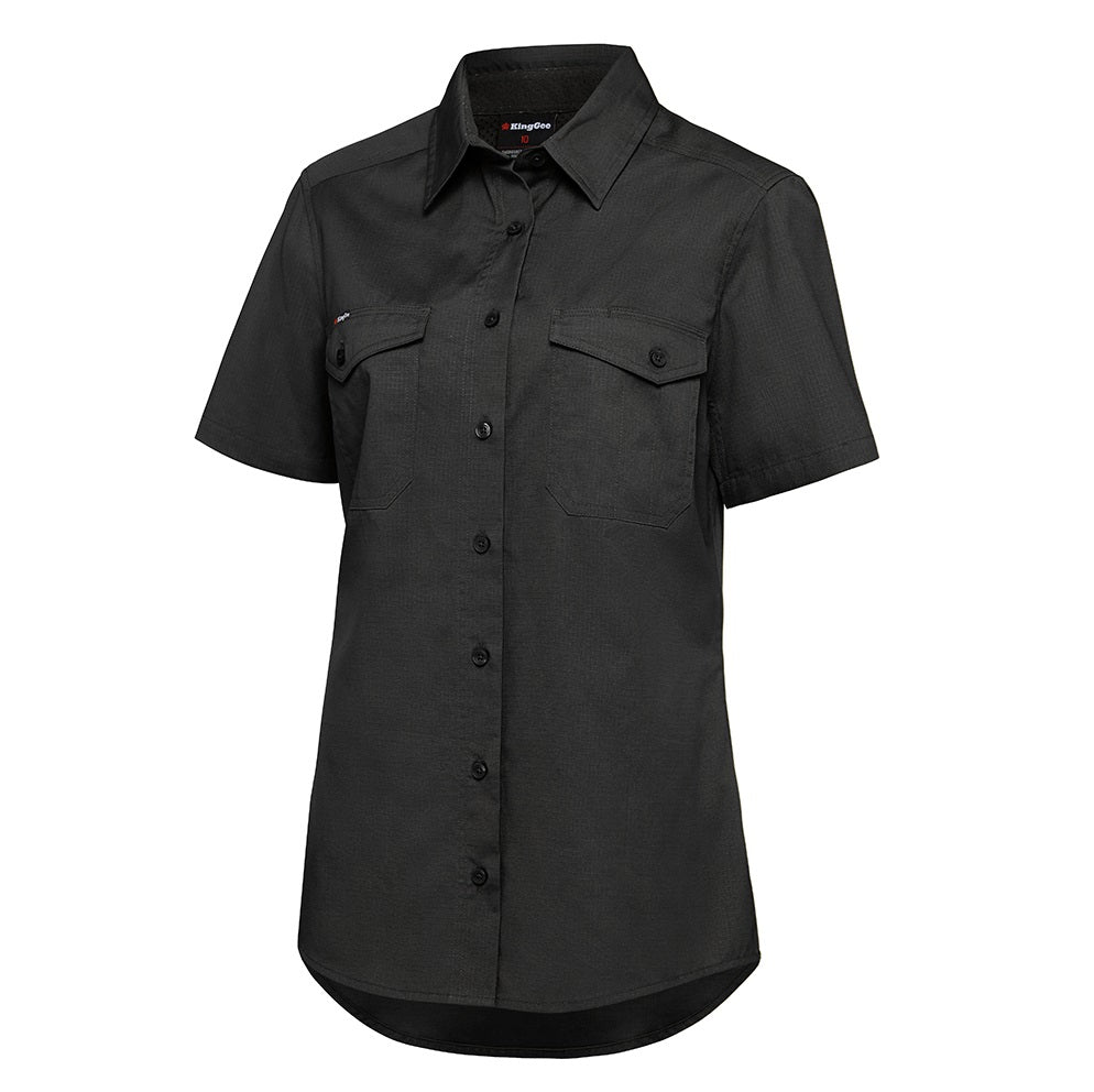 Black short-sleeve shirt with button details on a white background