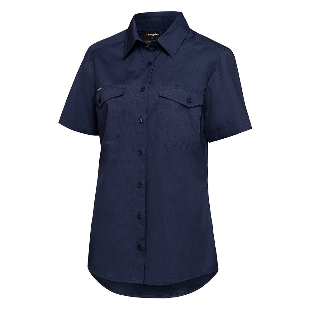 Navy blue short-sleeve shirt with button details on a white background