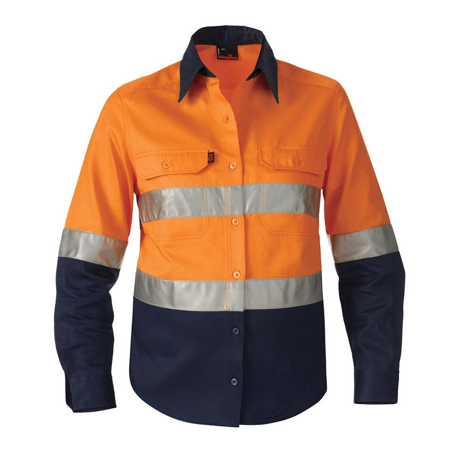 Orange and navy work shirt with reflective stripes on a white background