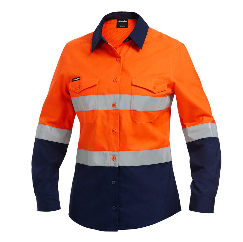 Orange and navy work shirt with reflective stripes on a white background