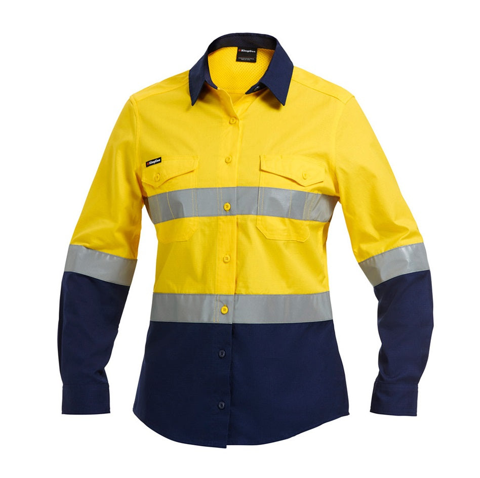 Yellow and navy work shirt with reflective stripes on a white background