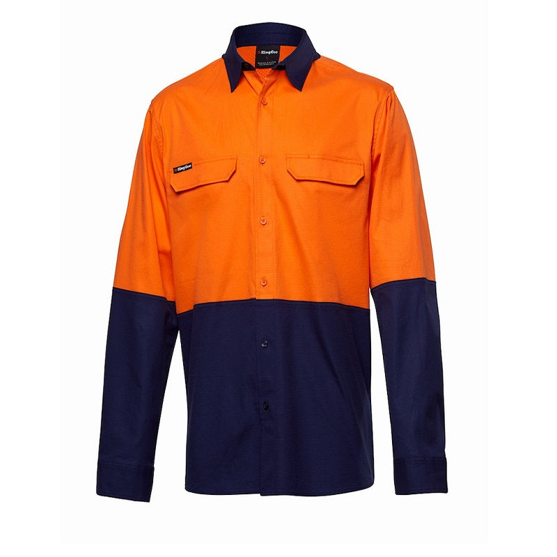 Orange and navy long-sleeve shirt on a white background