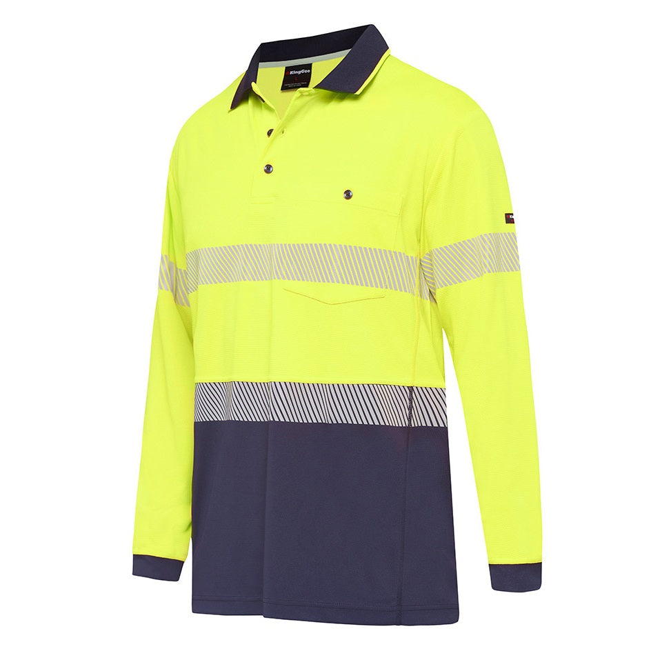 Hi-visibility yellow and navy long-sleeve shirt with reflective stripes on a white background