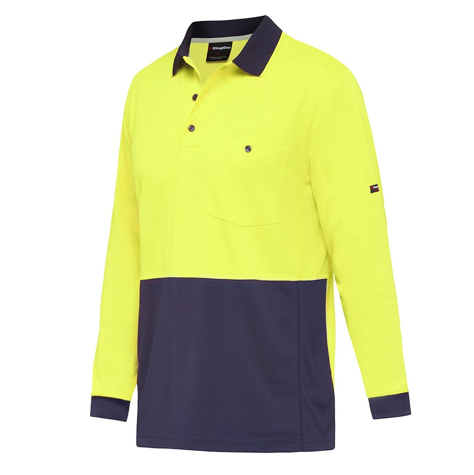 Yellow and navy long-sleeve polo shirt on a white background