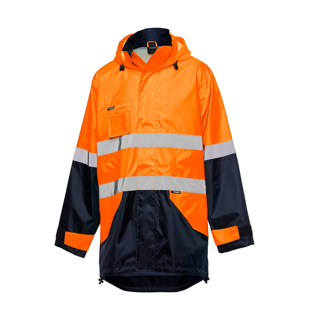 Orange and black safety jacket with reflective stripes on a white background