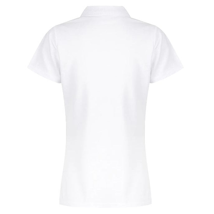A white Aussie Pacific N2312 Hunter Ladies Polo shirt with a collar, short sleeves, and a front button placket. - Back view