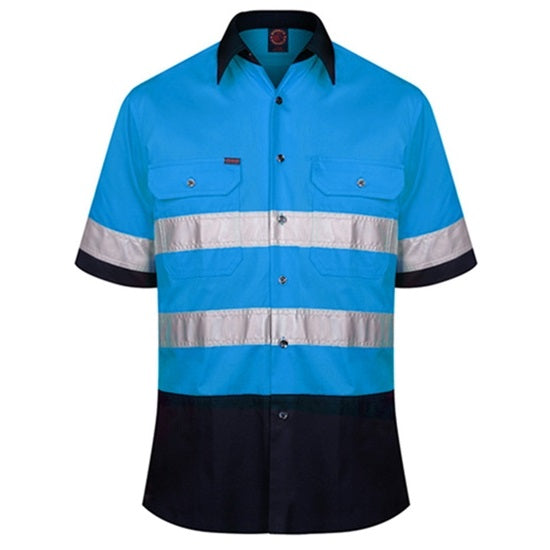 Ritemate RM1050RS 2 Tone Open Front Shirt S/S 50MM Reflective Tape - Blue/Navy - Front View