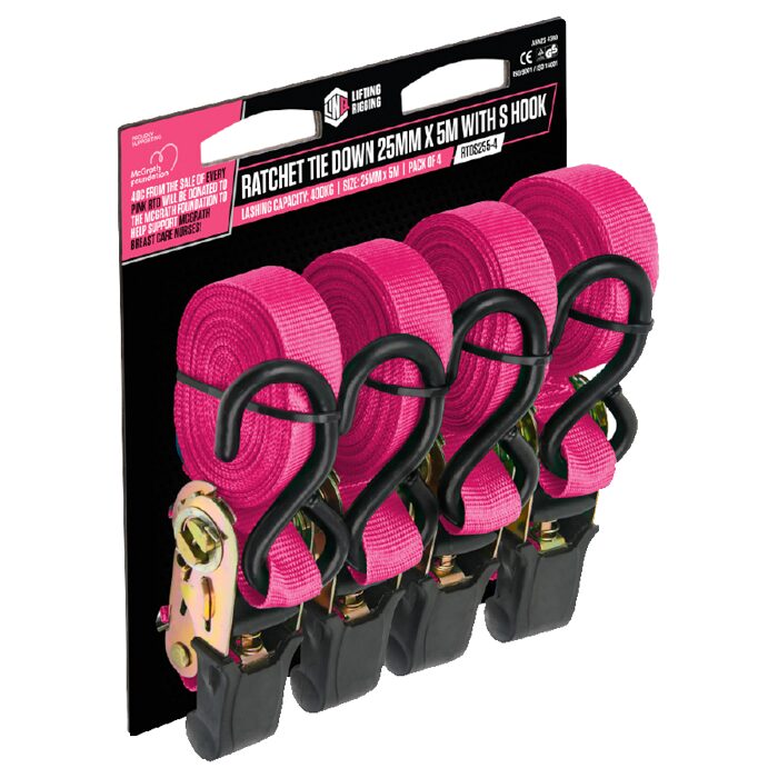 Linq RTDS255-4 Ratchet Tie Down 25mm x 5m with S Hook - 4 Pack