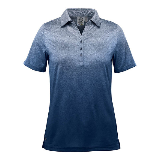 A blue Stormtech women's Mirage Polo with a standup collar, short sleeves, and a button placket.