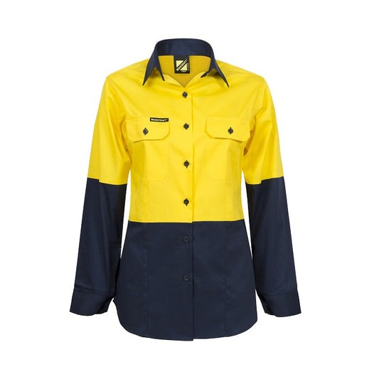 Workcraft WSL502 Ladies Lightweight HiVis Two Tone Long Sleeve Vented Cotton Drill Shirt