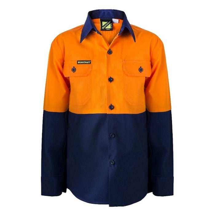 Workcraft WSK127 Kids HiVis 2-Tone Long Sleeve Shirt orange navy front alternative view, hard wearing