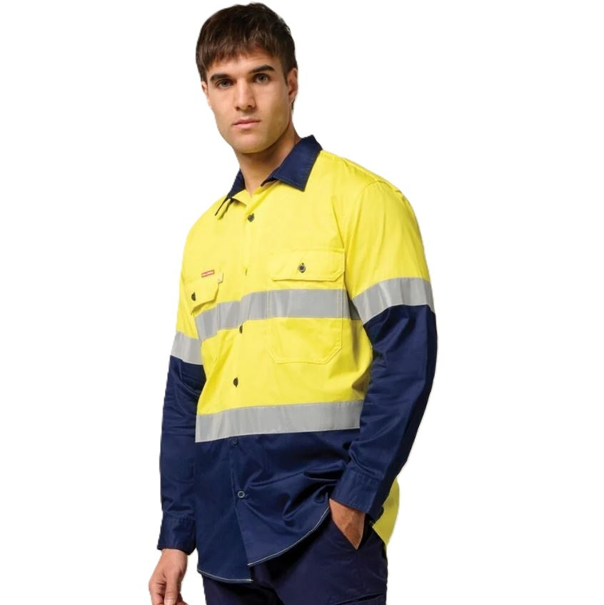 Hard Yakka Y07978 Koolgear HiVis 2-Tone Vented Long Sleeve Cotton Shirt - Yellow/Navy - Angled View