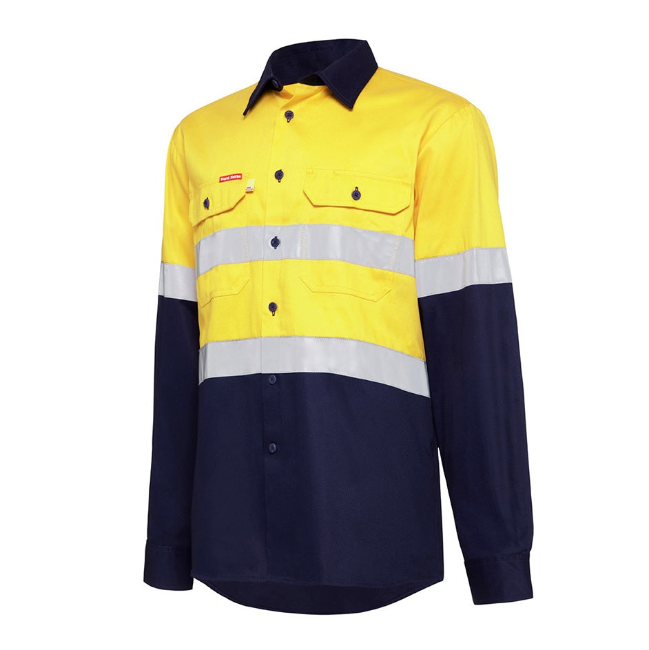 Yellow and navy work shirt with reflective stripes on a white background