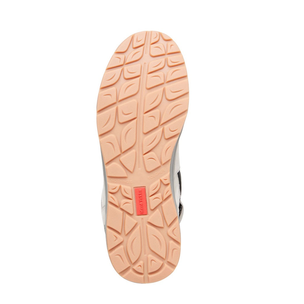 Close-up of a shoe sole with a brand logo on a white background
