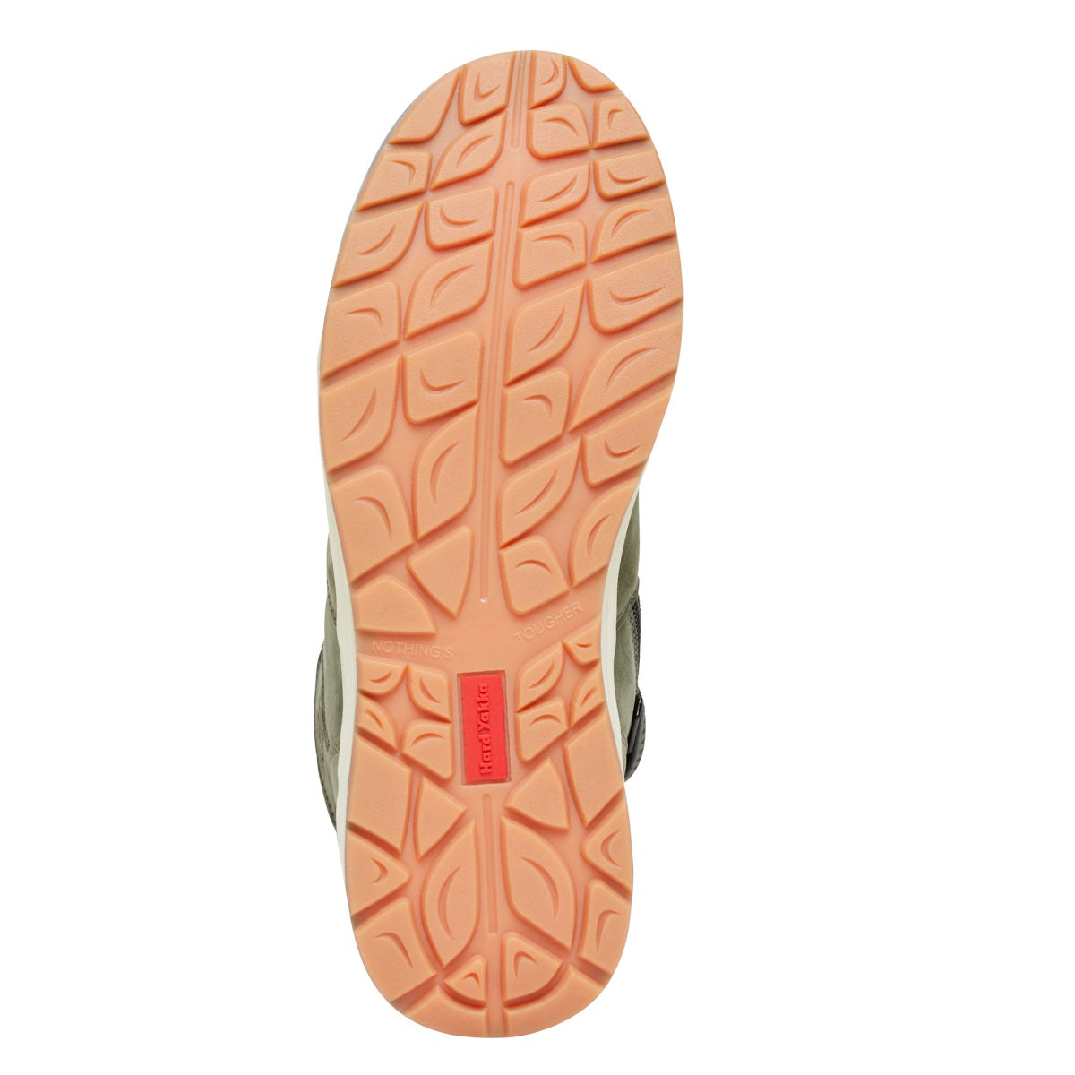 Close-up of a shoe sole with a brand logo on a white background