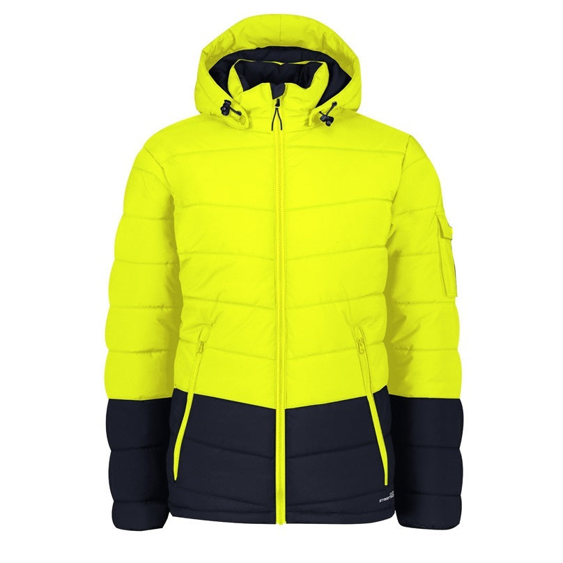 Syzmik ZJ240 Unisex Hi Vis Streetworx Hooded Puffer Jacket - Yellow/Navy - Front View